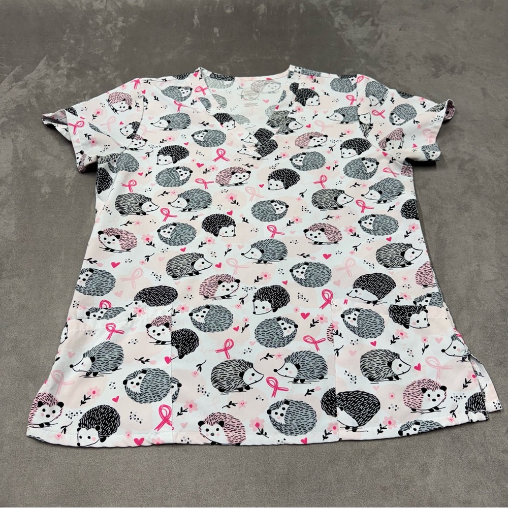 Divine stretch Hedgehog Print Medical Scrub Top in White & Pink breast cancer L